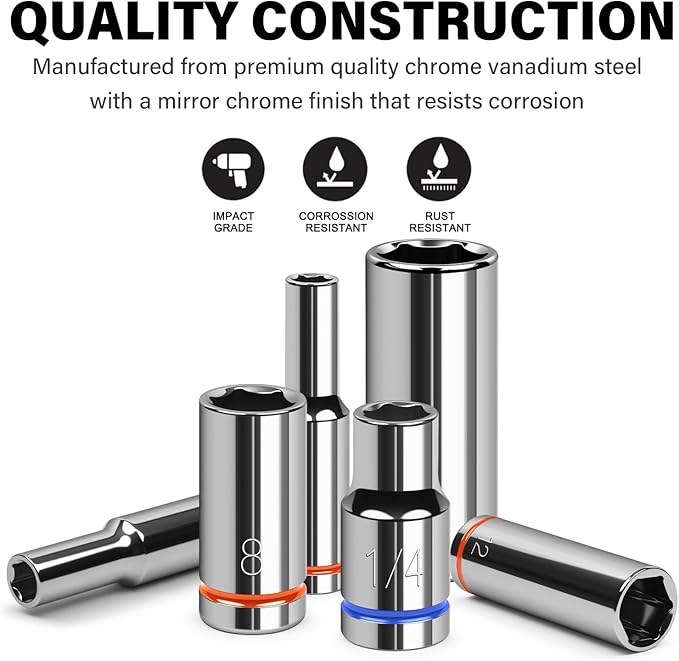 47-Piece 1/4" Drive Impact Socket Set - Deep & Shallow Socket Set SAE 5/32"-9/16" and Metric 4-15mm, 6 Point CR-V Alloy Steel for Auto Repair, with Molded Case