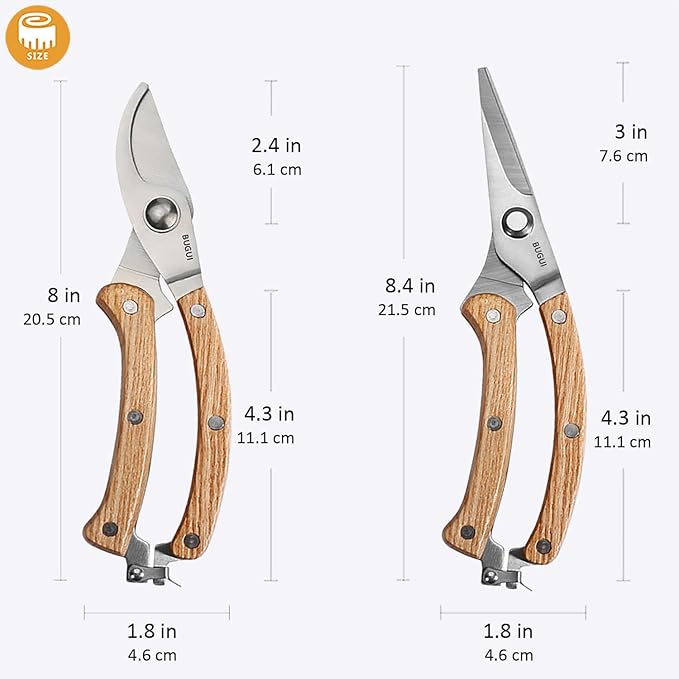 BUGUI 8??Wood Handle Garden Scissors, Set of 2, Includes Bypass Pruning Shears and Long Straight Tip Clippers, Premium Gardening Tools with Precision-Ground SK-5 Steel Blade