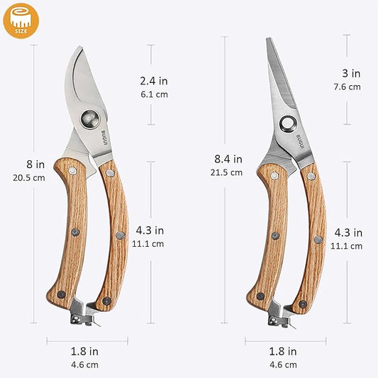BUGUI 8??Wood Handle Garden Scissors, Set of 2, Includes Bypass Pruning Shears and Long Straight Tip Clippers, Premium Gardening Tools with Precision-Ground SK-5 Steel Blade