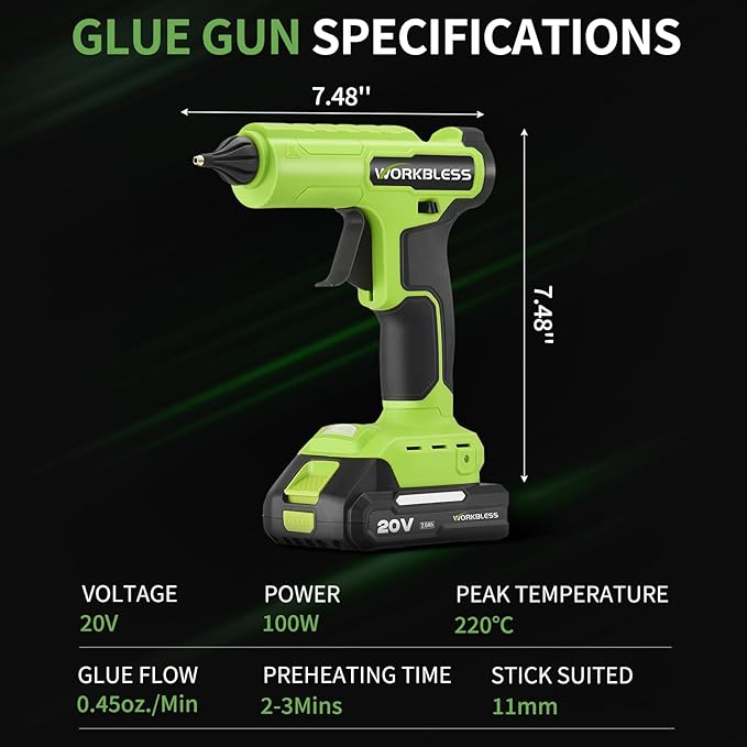 Cordless Hot Glue Gun, Battery Power Full Size Hot Glue Gun with 20V 2Ah Battery, Leak-Proof Nozzle Heavy and Duty Glue Gun for Industrial & Crafts, 30pcs 11mm Full Size Glue Stick