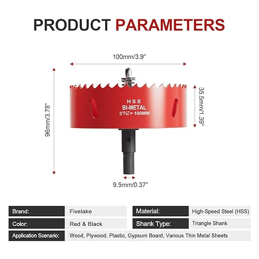 3-15/16" (100mm) Bi-Metal M42 High Speed Steel Hole Saw with Pilot Drill Bit, Smooth Cutting Edge for PVC, Drywall, Wood, Plastic, Gypsum Board, Rubber, Thin Metal
