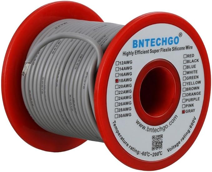 BNTECHGO 18 Gauge Silicone Wire Spool 100 ft Gray Flexible 18 AWG Stranded Tinned Copper Wire