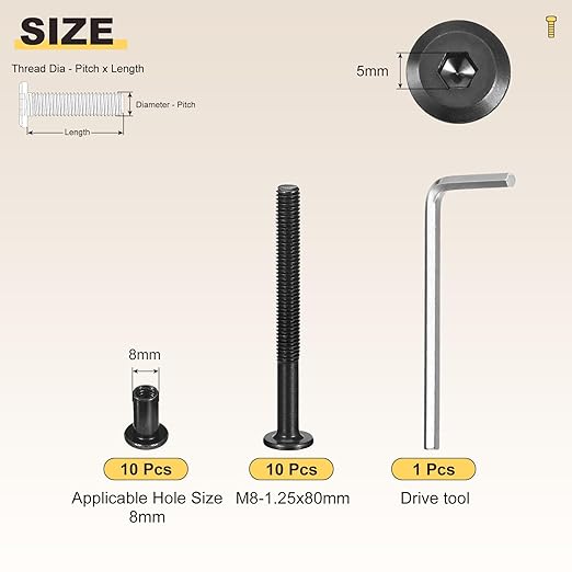 METALLIXITY Furniture Crib Screws Replacement Set with Wrench(M8-1.25x80) 20Pcs, Galvanization Connector Bolts M8 Screw Barrel Nuts Binding Screws, for Chair Cabinet Bed, Black