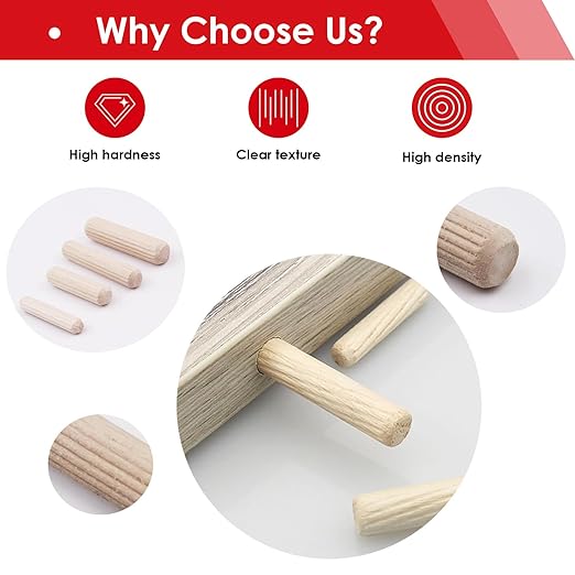 smseace Wooden Dowel Pins - 8 Sizes 1/4Inch 5/16Inch 3/8Inch Fluted Wooden Dowel Kit for Crafts, Furniture, Door, DIY
