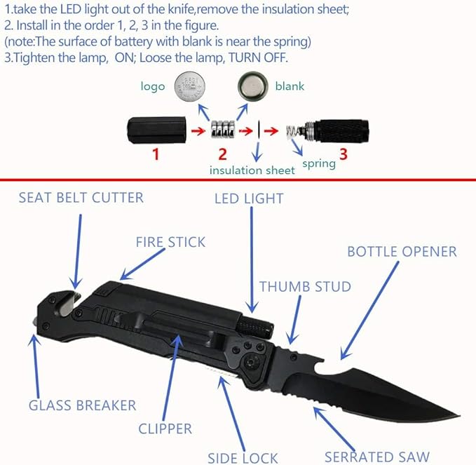 ALBATROSS Personalized Custom Engraving 6-in-1 Multifunctional Folding Pocket Knives with LED Light,Seatbelt Cutter,Glass Breaker,Magnesium Fire Starter,Bottle Opener