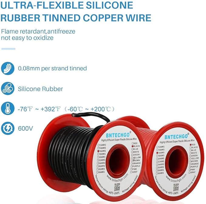 BNTECHGO 16 Gauge Silicone Wire Spool red and Black Each 50ft Flexible 16 AWG Stranded Tinned Copper Wire