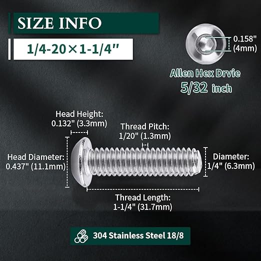 1/4-20 x 1-1/4" Button Head Socket Cap Bolts Screws, 304 Stainless Steel 18-8, Allen Hex Drive, Bright Finish, Fully Machine Thread, Pack of 50