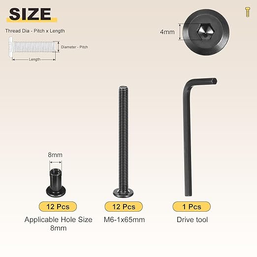 METALLIXITY Furniture Crib Screws Replacement Set with Wrench(M6-1x65mm) 24Pcs, Galvanization Connector Bolts M6 Screw Barrel Nuts Binding Screws, for Chair Cabinet Bed, Black