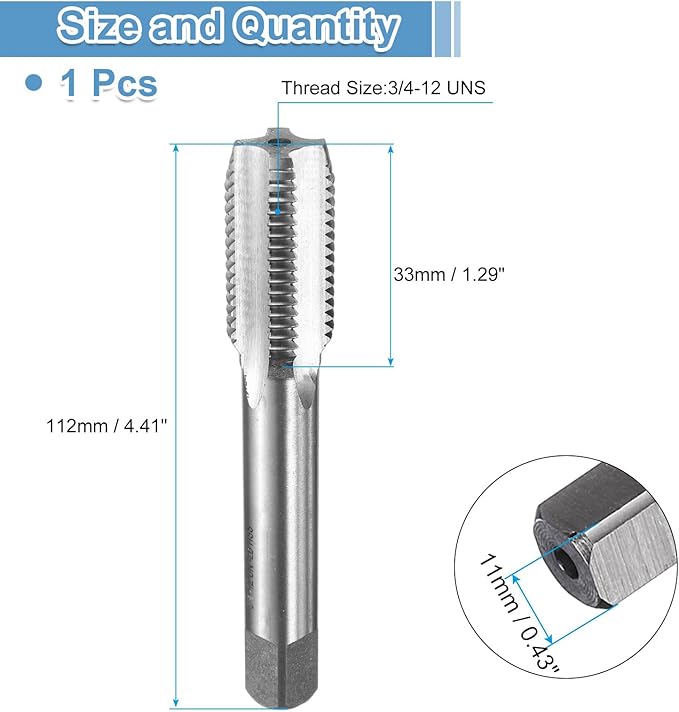 uxcell Hand Bottom Tap 3/4-12 UNS 2B Thread Bottoming Style Threading Taps High Speed Steel HSS6542 Straight Flutes Screw Tapping Tool