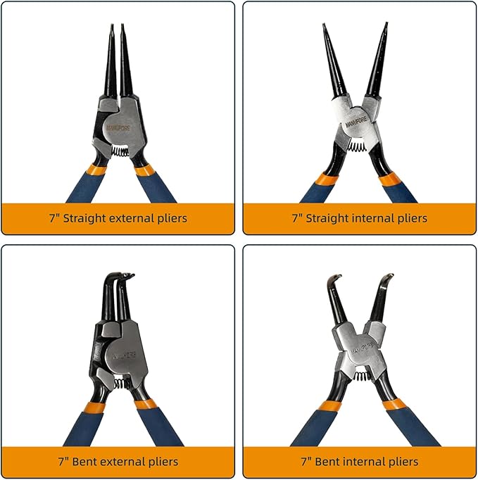 MANUFORE Snap Ring Pliers,7in Internal/External Circlip Pliers Set with Straight and Bent Jaw Tips for Removing and Retaining Ring