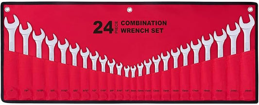 24-Piece All-Purpose Master Combination Wrench Set with Roll-up Pouch | SAE 1/4??to 1?? Metric 8mm to 24mm | Perfect for General Household, Garage, Auto Repairs, Car, Truck, Boat, and Travel Emergency