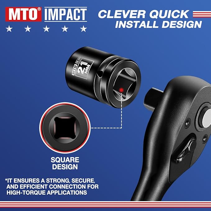 MTO 1/2" Drive 21mm Shallow Impact Socket, 6-Point Metric Socket, CR-MO Steel & Anti-Corrosion Coating for Tight Spaces and Heavy-Duty Tasks