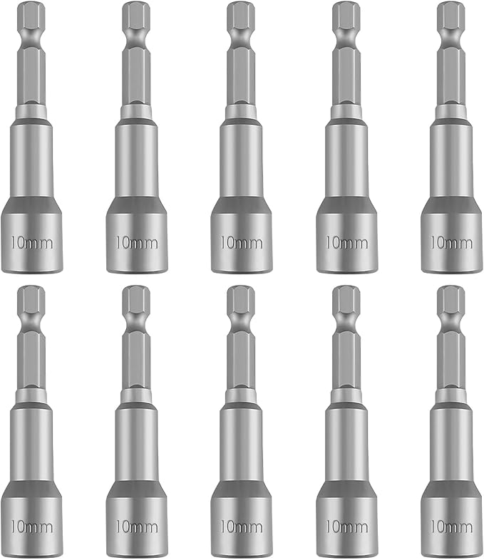10-Piece Nut Driver Bit Set, 10mm 6-Point Socket 1/4" Hex Shank Nut Setter Drill Bits, Quick-Change Magnetic Extension Socket Drill Bit Holder, 1.89" Length, Metric