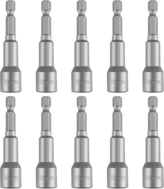 10-Piece Nut Driver Bit Set, 10mm 6-Point Socket 1/4" Hex Shank Nut Setter Drill Bits, Quick-Change Magnetic Extension Socket Drill Bit Holder, 1.89" Length, Metric