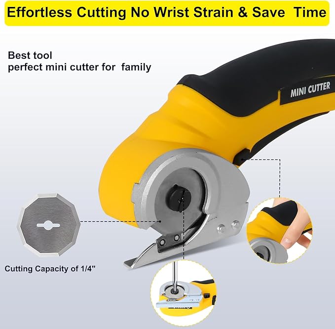 4V Cordless Electric Scissors Carpet Cutter Tool with Rechargeable & Safety Lock, Rotary Blade for Recycling Cutting Leather, Blanket, Gifts for Men Adult Crafter,Lightweight-Yellow