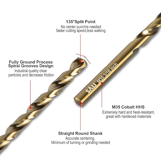 SALI Cobalt Drill Bit Set, 10Pcs 3/16" M35 High Speed Steel Jobber Length Drill Bit Kit for Hardened Metal, Stainless Steel, Cast Iron, Wood and Plastic, with Index Storage Case
