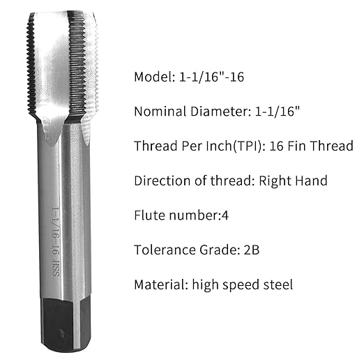 Lzcdelyxiao 1-1/16"-16 Tap UN Right Hand Straight Flute Thread Tap Machine Tap Nominal Diameter 1-1/16" Thread Per Inch 16 Fin Thread Tolerance Grade 2B Tapping Thread High Speed Steel HSS