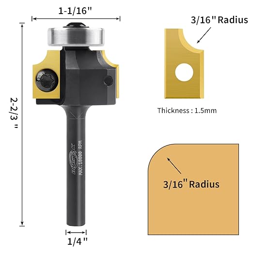 3/16" Radius Insert Roundover Router Bit 1/4" Shank, Replaceable Carbide Insert Edge Forming Roundover Bit Bead Rounding Over Edging Bit Wood CNC Router Bits