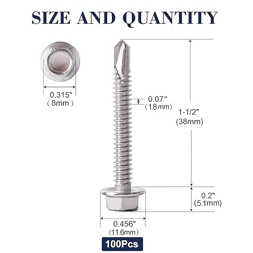 #12 x 1-1/2" Sheet Metal Screws 100PCS 410 Stainless Steel Hex Washer Head Fast Self Tapping Screws by SG TZH