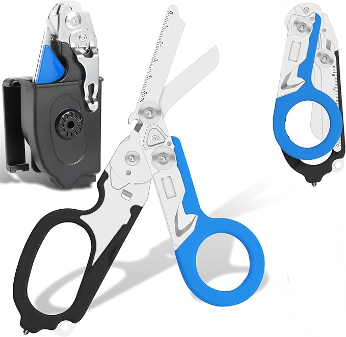 6-in-1 Heavy Duty Emergency/Trauma Shears, with Carbide Glass Breaker, Ring Cutter, Foldable, Stainless Steel Multi-Purpose Scissors for Hospital, Home, Camping, and Travel Rescue Tools (Black+Blue)