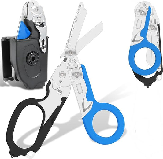 6-in-1 Heavy Duty Emergency/Trauma Shears, with Carbide Glass Breaker, Ring Cutter, Foldable, Stainless Steel Multi-Purpose Scissors for Hospital, Home, Camping, and Travel Rescue Tools (Black+Blue)