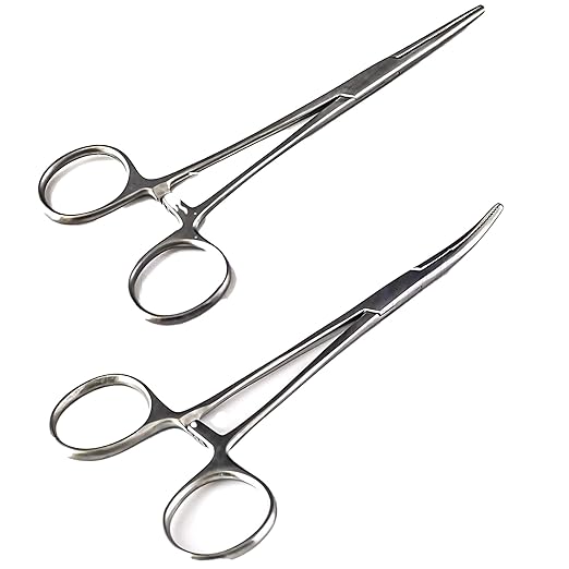 SURGICAL ONLINE 2-Piece Curved & Straight 5" Hemostat Set - Stainless Steel Locking Tweezer Clamps - Ideal Hemostats for Nurses, Fishing Forceps, Crafts and Hobby