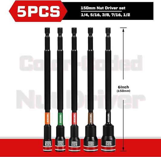Impact Nut Driver Set, 5 Pieces 6?쒵ong 1/4??/16??/8??/16??/2?? Point Alloy Steel Magnetic SAE Nut Setter Set Use For Require Installing 1/4 Hex Shank Impact Driver with Case Box