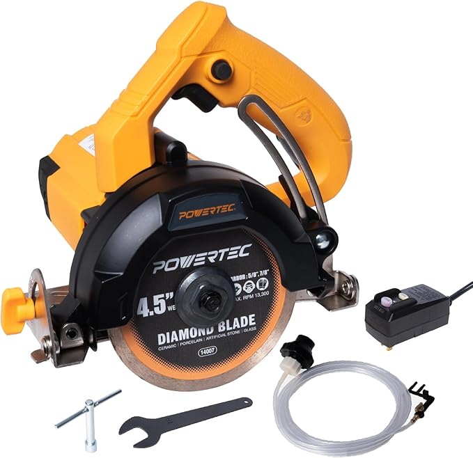 POWERTEC 4.5" Handheld Tile Saw ??12Amp/1400W Motor, Wet/Dry Cutting with Adjustable Water Feed System, GFCI Plug, Bevel & Depth Adjustment, Compatible with 4"-4.5" Diamond Blades (HTS1045)