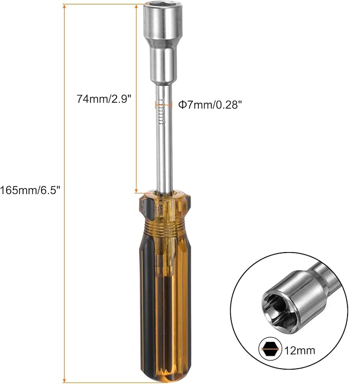 HARFINGTON Metric Hex Nut Screwdriver 12mm Carbon Steel Ergonomic PVC Grip Non-Magnetic Socket Wrench Screwdriver Hand Tool for Automotive Maintenance Home Improvement.