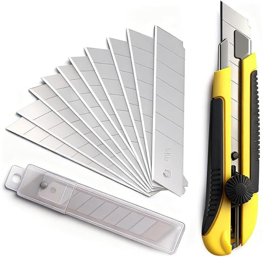 25MM Heavy Duty Utility Knife, Box Cutter with 10pcs SK-5 Retract Blades, Snap-Off Cutters with Rubber Grip for Cardboard, Boxes, DIY Crafts