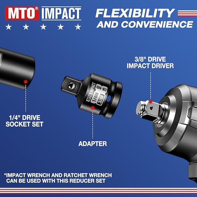 MTO 2-Piece 3/8" Female to 1/4" Male Impact Socket Adapter, 3/8-Inch Impact Socket Reducer, Chrome Molybdenum Alloy Steel, for Impact Wrench & Ratchet Use