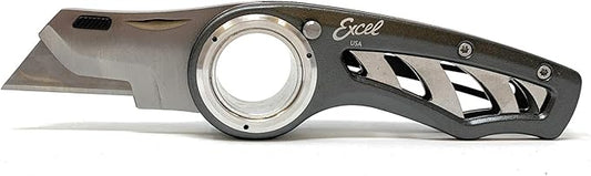 Excel Blades Revo Folding Utility Knife ??Heavy-Duty Box Cutter with Aluminum Body, Quick-Change #92 Blades, 3 Lock Positions Design, Anti-Slip Finger Loop Grip, Holster Included ??Grey