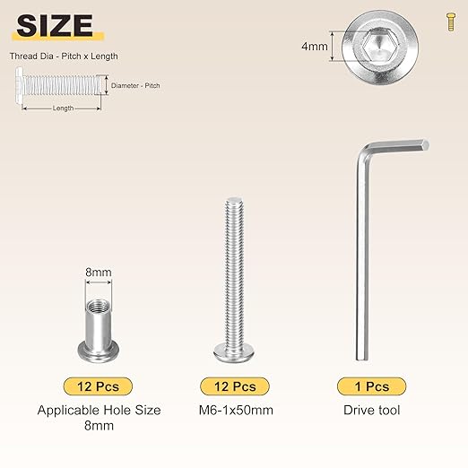METALLIXITY Furniture Crib Screws Replacement Set with Wrench(M6-1x50mm) 24Pcs, Connector Bolts M6 Screw Barrel Nuts Binding Screws, for Chair Cabinet Bed, Silver