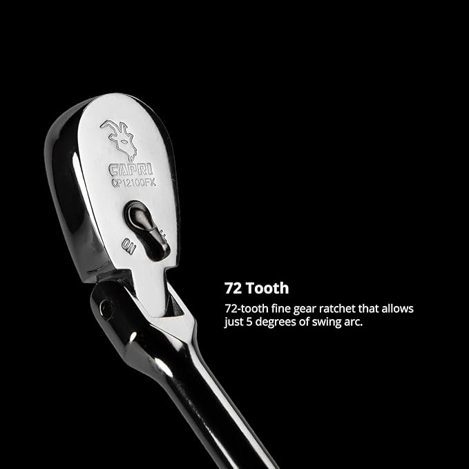 Capri Tools 1/4-Inch Drive Low Profile Flex-Head Ratchet, True 72-Tooth, 5-Degree Swing Arc, 180-Degree Flex-Head (CP12100FX)