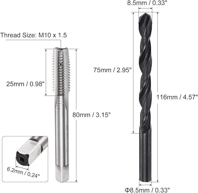 uxcell Metric Tap and Drill Bit Set, M10 x 1.5 Thread Tap & 8.5mm Black Oxide Twist Drill Bit, Straight Flute Tap Tapping Threading Repair Tool Kit