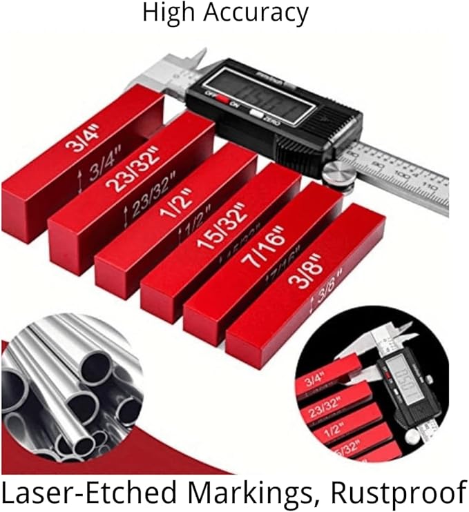 15-Piece Imperial Aluminum Gauge Block Set for Woodworking, Red, 1/16" to 1-31/32" Range, Precision Calibration with Laser Etched Font, Includes Storage Case