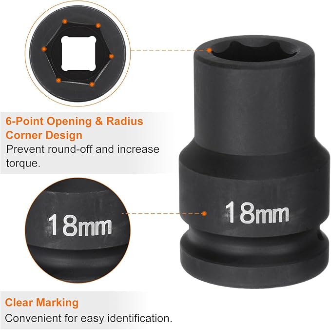 HARFINGTON 6-Point Impact Socket 3/4" Drive 18mm Metric 40Cr Alloy Steel Spindle Axle Nut Impact Socket