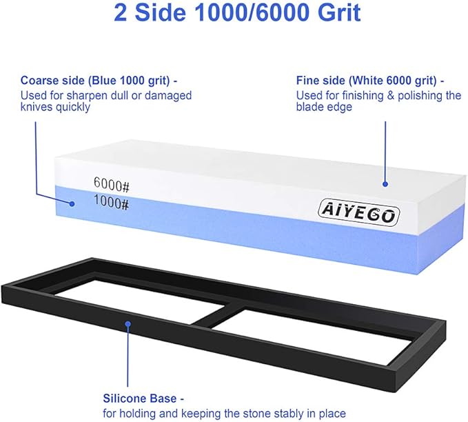Knife Sharpening Stone, 2 Sided Grit 1000/6000 Whetstone Set with Non-slip Silicone Base for Home Kitchen(Blue&White)