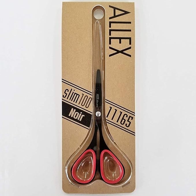 ALLEX Mini Black Scissors for Office 3.9" [Non-Stick], All Purpose Slim & Thin Low Profile Scissors, Made in JAPAN, All Metal Sharp Japanese Stainless Steel Blade with Non-Slip Soft Ring, Black Red