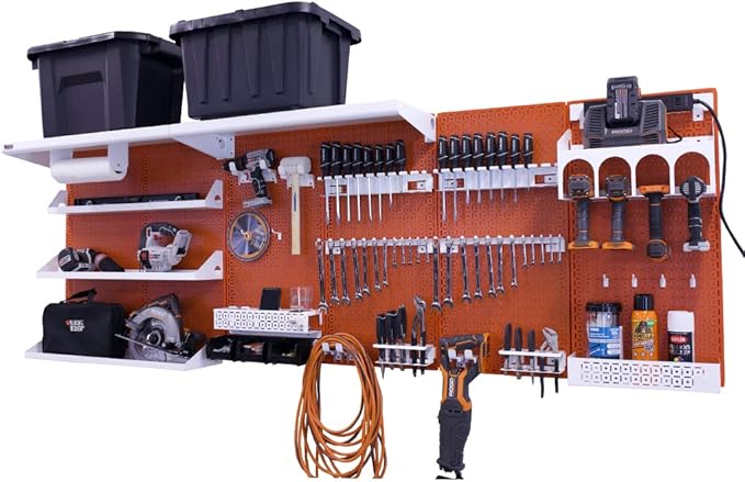 OmniWall Weekend Warrior Ultimate Tool Kit-96" x 32" Metal Pegboard Wall Storage System Orange/White