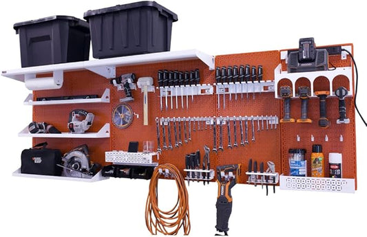 OmniWall Weekend Warrior Ultimate Tool Kit-96" x 32" Metal Pegboard Wall Storage System Orange/White