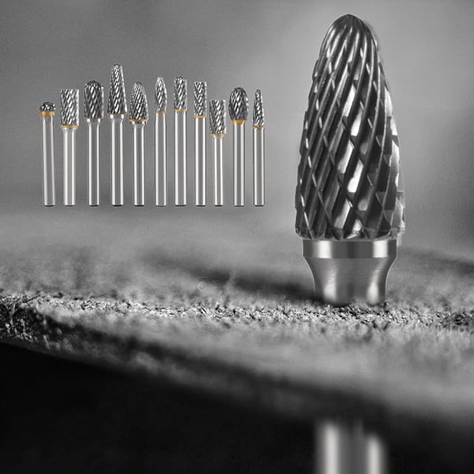 Carbide Burr Set 1/4" Shank 10PC Tungsten Double Cut Carbide Rotary Burr Set for Metal and Wood Carving, Grinding, Polishing, Engraving, Drilling in Sturdy Round Case.
