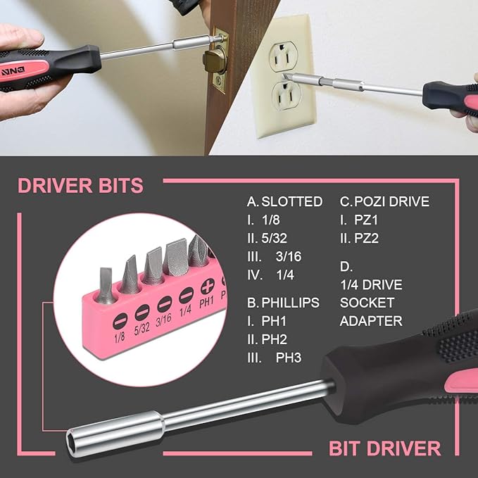 DNA MOTORING Pink 46 PCs Home Tool Set Electonic Repair Precision Screwdriver Voltage Tester Hammer Plier DIY Kit (TOOLS-00014)