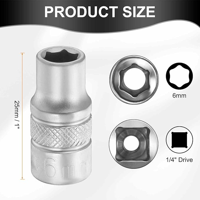 HARFINGTON 6 Points Deep Socket 1/4" Drive 6mm Deep Metric CR-V Steel Polished Nickel Plating Flip Sleeve 25mm / 1" Extra Long Socket Tool for Home Auto Nuts Bolts Repair