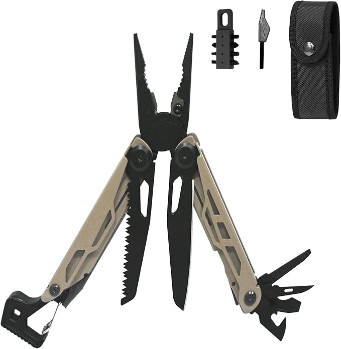 23-in-1 Multitool Pliers - Multi tool Pocket Knife with Screwdriver, Fire Starter, Saw, Whistle, Wire Stripper, Survival Gear for Hunting and Camping with Nylon Sheath (Brown)