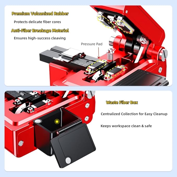 High Precision Fiber Optic Cleaver - Automatic One-Step Fiber Cutting Tool with ??.6째 Precision, 24-Point Tungsten Blade & Detachable Waste Box, 58,000+ Cuts