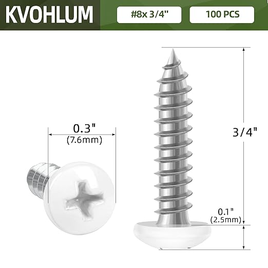 100 PCS #8 x 3/4" White Head Sheet Metal Screws, Pan Head Phillips Fast Self Tapping Screws, Round Head Wood Screws, Screwdriver Bit Included