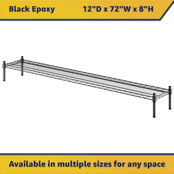 12" x 72" x 8" Black Epoxy Wire Storage Shelf, Dunnage Rack, Commercial 1 Tier Small Shelf