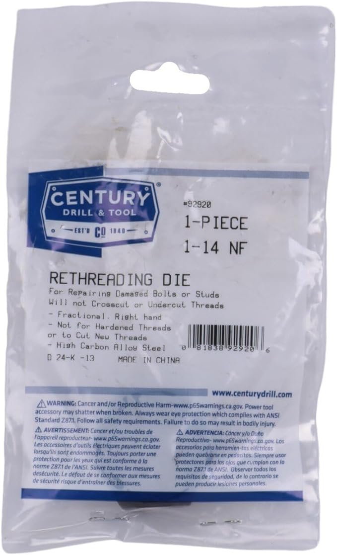 Century Drill & Tool 92920 1-14 NF, National Fine Fractional Right Hand Rethreading Die, High Carbon Steel, For Chasing, Repairing, and Restoring Damaged Bolts or Studs