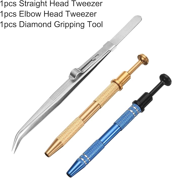 HARFINGTON 3pcs Diamond Tweezer Holder Pick Up Tool Set Stainless Steel 4 Claw Holder Elbow Head Jewelry Locking Tweezer for Tiny Objects Electronic Components, Silver/Gold/Blue
